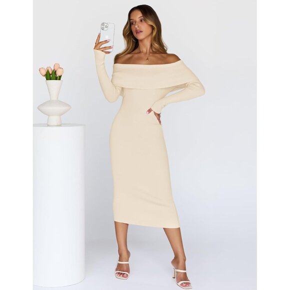 Merokeety Women's Beige Off Shoulder Long Sleeve Elegant Bodycon Dress - Picture 7 of 9